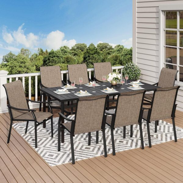 9-Piece Outdoor Patio Dining Set with High-Back Sling Chairs and 83  Large Table with Umbrella Hole for 8-Person, Black and Brown-Gray