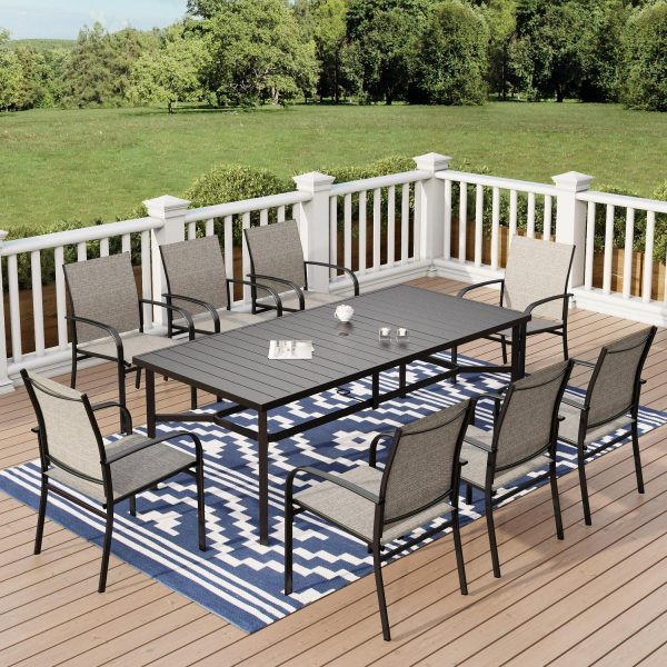 9-Piece Outdoor Patio Dining Set with Metal Steel Rectangular Table with Umbrella Hole and Textilene Chairs for 8-Person, Black and Gray-brown