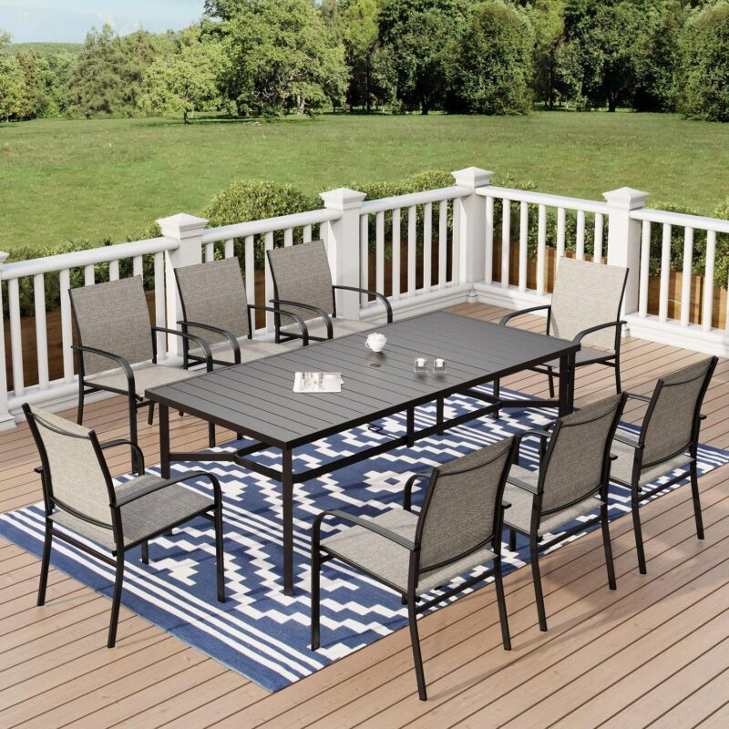 9-Piece Outdoor Patio Dining Set with Metal Steel Rectangular Table with Umbrella Hole and Textilene Chairs for 8-Person, Black and Gray-brown