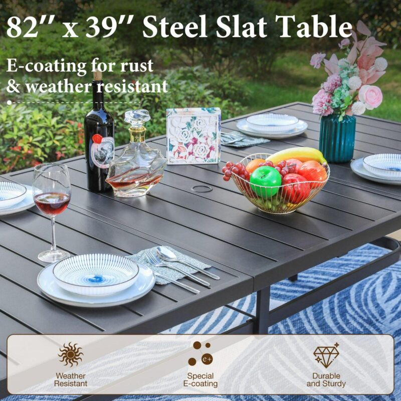 9-Piece Outdoor Patio Dining Set with Metal Steel Rectangular Table with Umbrella Hole and Textilene Chairs for 8-Person, Black and Gray-brown - Image 6