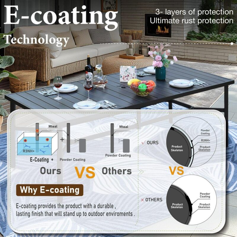 9-Piece Outdoor Patio Dining Set with Metal Steel Rectangular Table with Umbrella Hole and Textilene Chairs for 8-Person, Black and Gray-brown - Image 7