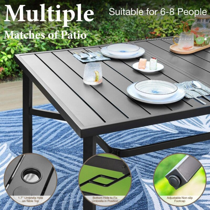 9-Piece Outdoor Patio Dining Set with Metal Steel Rectangular Table with Umbrella Hole and Textilene Chairs for 8-Person, Black and Gray-brown - Image 8