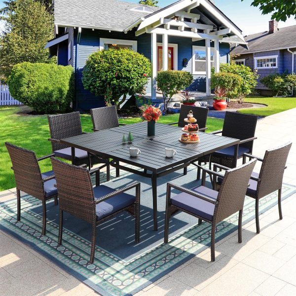 9 Pieces Outdoor Patio Dining Set with Large Square Metal Table and Wicker Chairs Furniture Set- Navy Blue