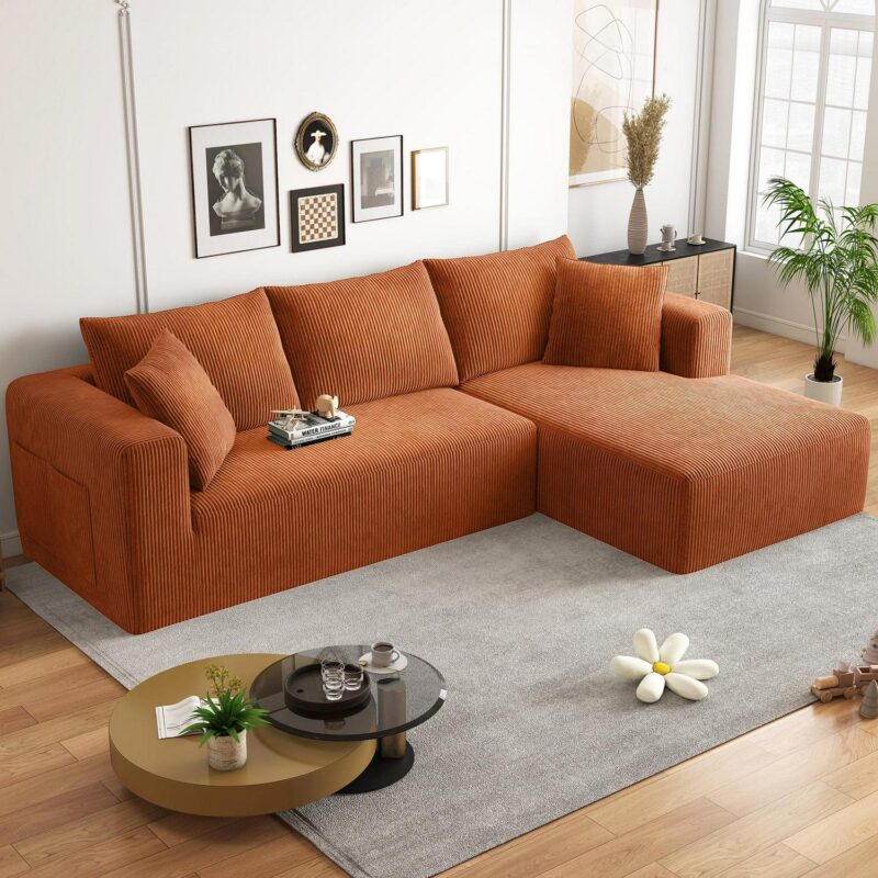 AENKYO 104 Modular L-Shaped Sectional Sofa with Chaise Lounge, Cloud Couch Deep Seat, Corduroy Upholstered Living Room Furniture, No Assembly Required, Orange - Image 2