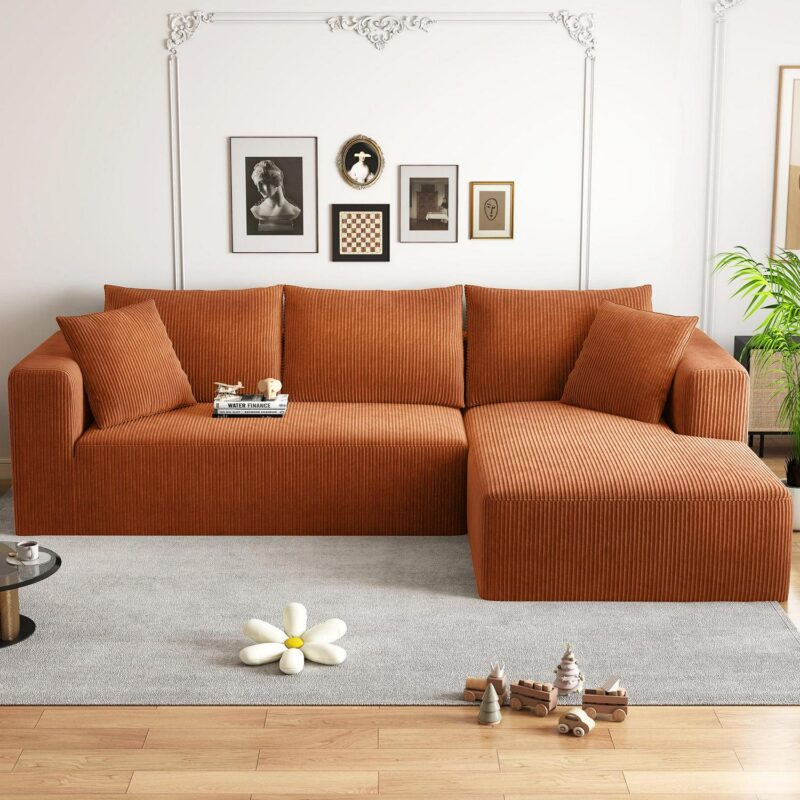 AENKYO 104 Modular L-Shaped Sectional Sofa with Chaise Lounge, Cloud Couch Deep Seat, Corduroy Upholstered Living Room Furniture, No Assembly Required, Orange