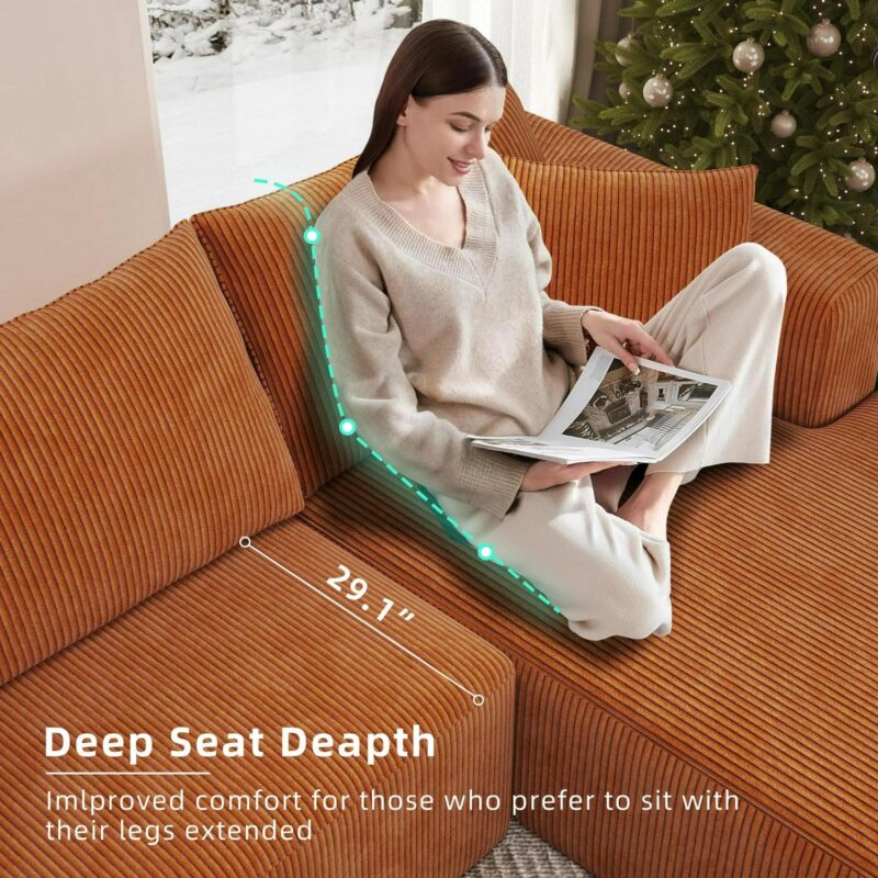 AENKYO 104 Modular L-Shaped Sectional Sofa with Chaise Lounge, Cloud Couch Deep Seat, Corduroy Upholstered Living Room Furniture, No Assembly Required, Orange - Image 5
