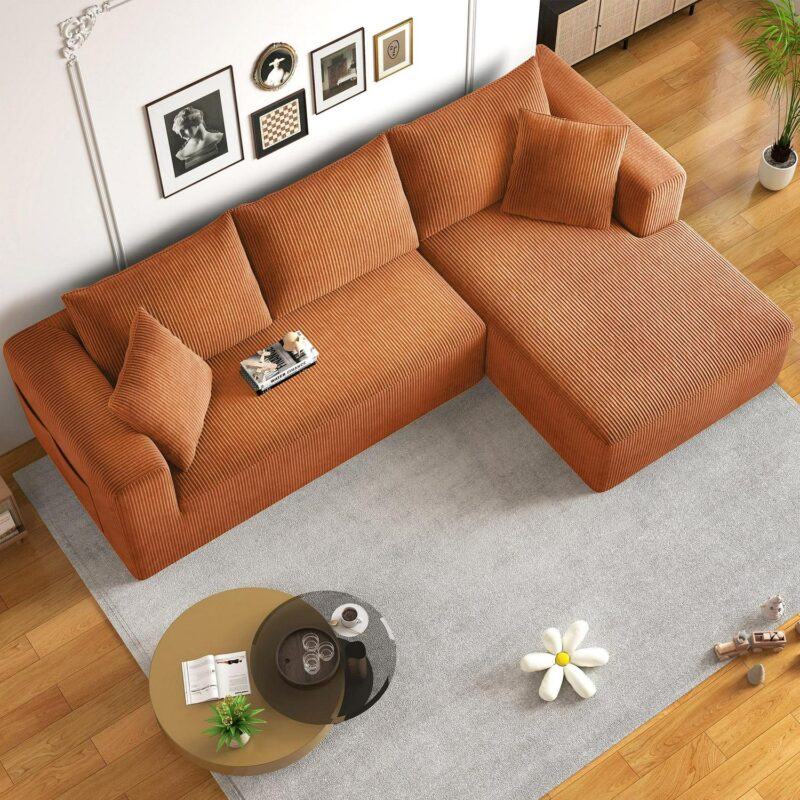 AENKYO 104 Modular L-Shaped Sectional Sofa with Chaise Lounge, Cloud Couch Deep Seat, Corduroy Upholstered Living Room Furniture, No Assembly Required, Orange - Image 3