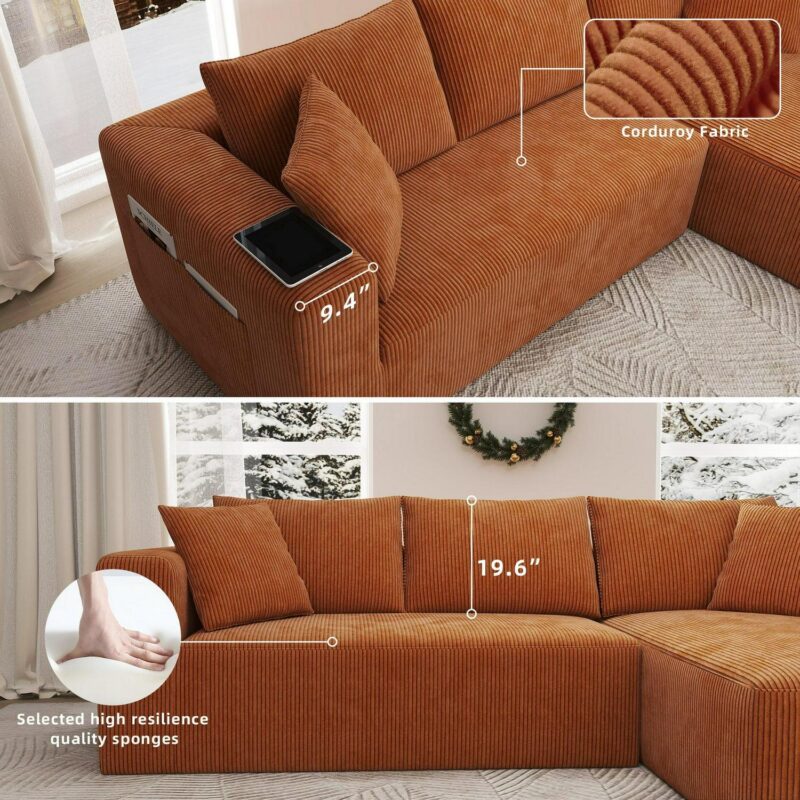 AENKYO 104 Modular L-Shaped Sectional Sofa with Chaise Lounge, Cloud Couch Deep Seat, Corduroy Upholstered Living Room Furniture, No Assembly Required, Orange - Image 4
