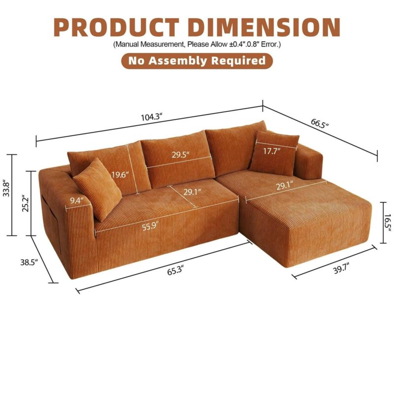 AENKYO 104 Modular L-Shaped Sectional Sofa with Chaise Lounge, Cloud Couch Deep Seat, Corduroy Upholstered Living Room Furniture, No Assembly Required, Orange - Image 8
