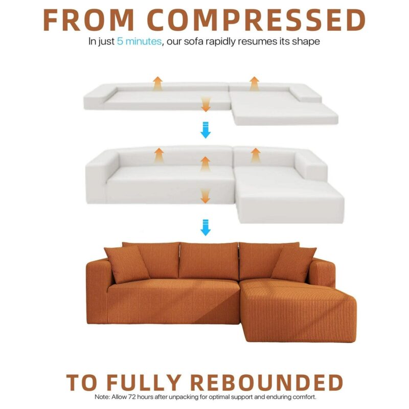 AENKYO 104 Modular L-Shaped Sectional Sofa with Chaise Lounge, Cloud Couch Deep Seat, Corduroy Upholstered Living Room Furniture, No Assembly Required, Orange - Image 7