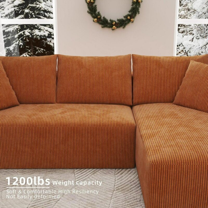 AENKYO 104 Modular L-Shaped Sectional Sofa with Chaise Lounge, Cloud Couch Deep Seat, Corduroy Upholstered Living Room Furniture, No Assembly Required, Orange - Image 6