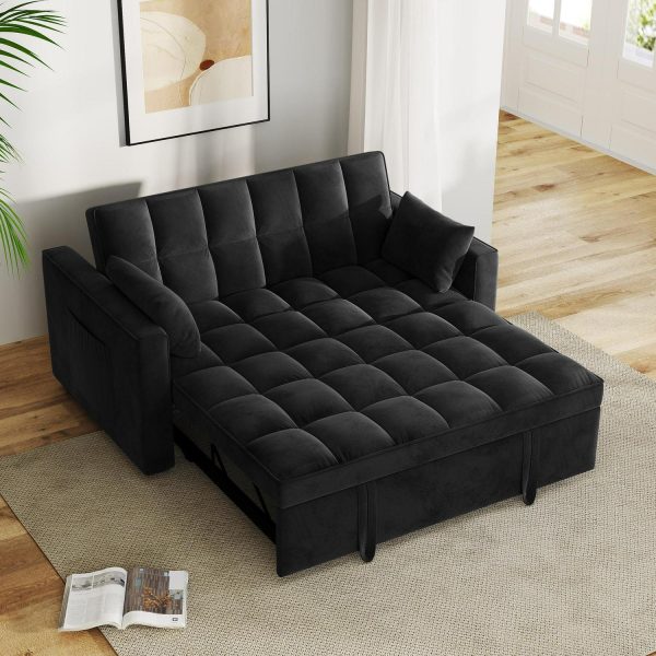 AENKYO Convertible Pull-Out Loveseat Sleeper Sofa Bed for Living Room, Modern Upholstered Futon in Black