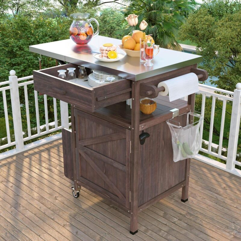 AENKYO Outdoor Grill Cart with Stainless Steel Top, Drop Leaf, Cabinet and Wheels, BBQ Prep Table for Patio and Backyard, Brown - Image 9