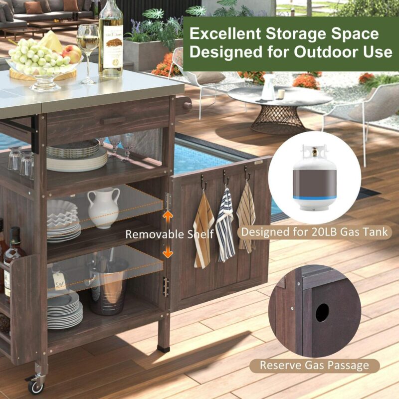 AENKYO Outdoor Grill Cart with Stainless Steel Top, Drop Leaf, Cabinet and Wheels, BBQ Prep Table for Patio and Backyard, Brown - Image 3