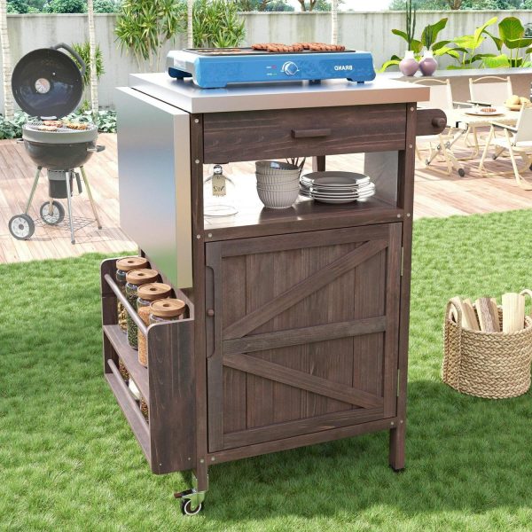 AENKYO Outdoor Grill Cart with Stainless Steel Top, Drop Leaf, Cabinet and Wheels, BBQ Prep Table for Patio and Backyard, Brown