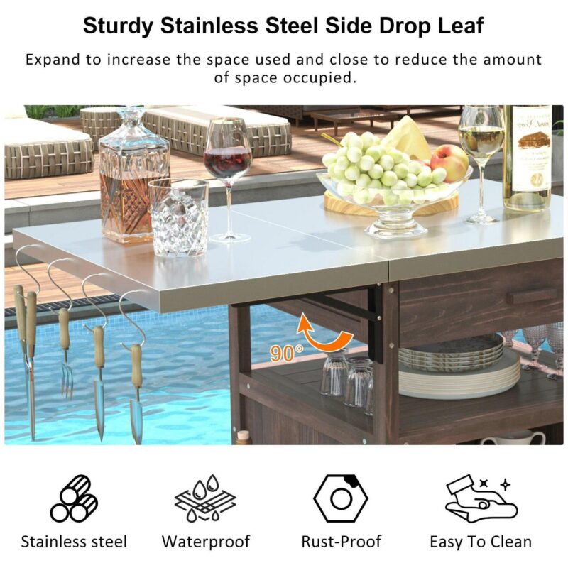 AENKYO Outdoor Grill Cart with Stainless Steel Top, Drop Leaf, Cabinet and Wheels, BBQ Prep Table for Patio and Backyard, Brown - Image 4