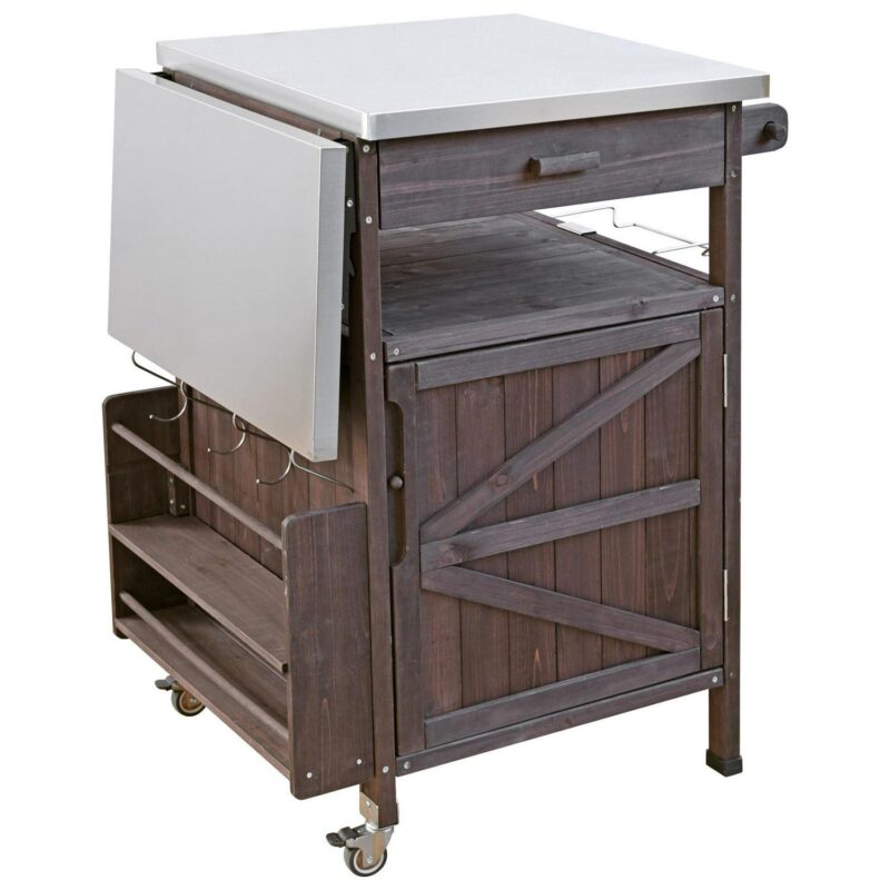 AENKYO Outdoor Grill Cart with Stainless Steel Top, Drop Leaf, Cabinet and Wheels, BBQ Prep Table for Patio and Backyard, Brown - Image 11