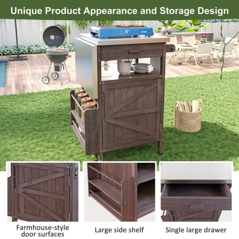 AENKYO Outdoor Grill Cart with Stainless Steel Top, Drop Leaf, Cabinet and Wheels, BBQ Prep Table for Patio and Backyard, Brown - Image 5