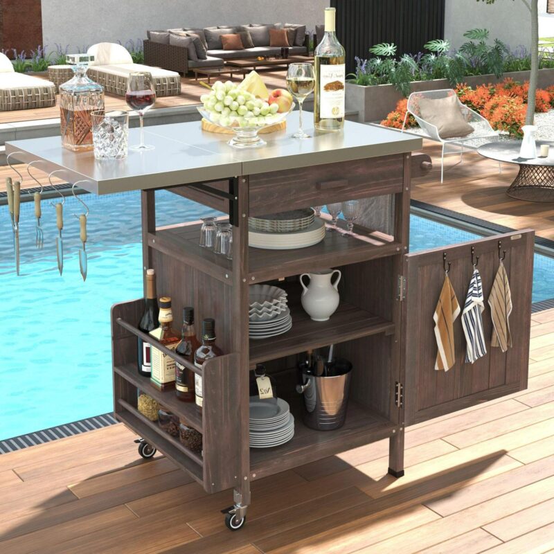 AENKYO Outdoor Grill Cart with Stainless Steel Top, Drop Leaf, Cabinet and Wheels, BBQ Prep Table for Patio and Backyard, Brown - Image 8