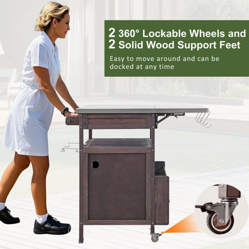 AENKYO Outdoor Grill Cart with Stainless Steel Top, Drop Leaf, Cabinet and Wheels, BBQ Prep Table for Patio and Backyard, Brown - Image 6