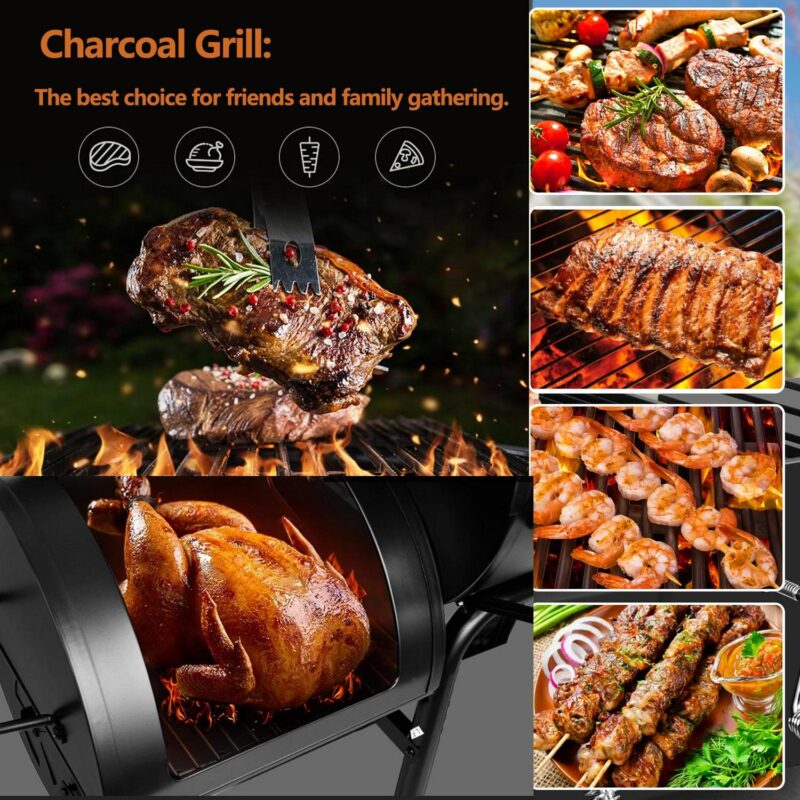 AKIUDEX Outdoor Portable BBQ Charcoal Grill with Offset Smoker for Pit Patio Backyard, Black - Image 3