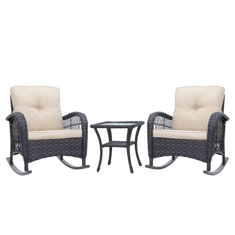 Abble 3-Piece Outdoor Furniture Set, Patio Outdoor Conversation Set with Coffee Table, PE Wicker Rocking Chairs with Beige Cushions, Dark Brown - Image 4