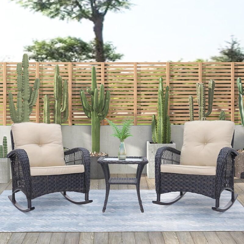 Abble 3-Piece Outdoor Furniture Set, Patio Outdoor Conversation Set with Coffee Table, PE Wicker Rocking Chairs with Beige Cushions, Dark Brown - Image 2