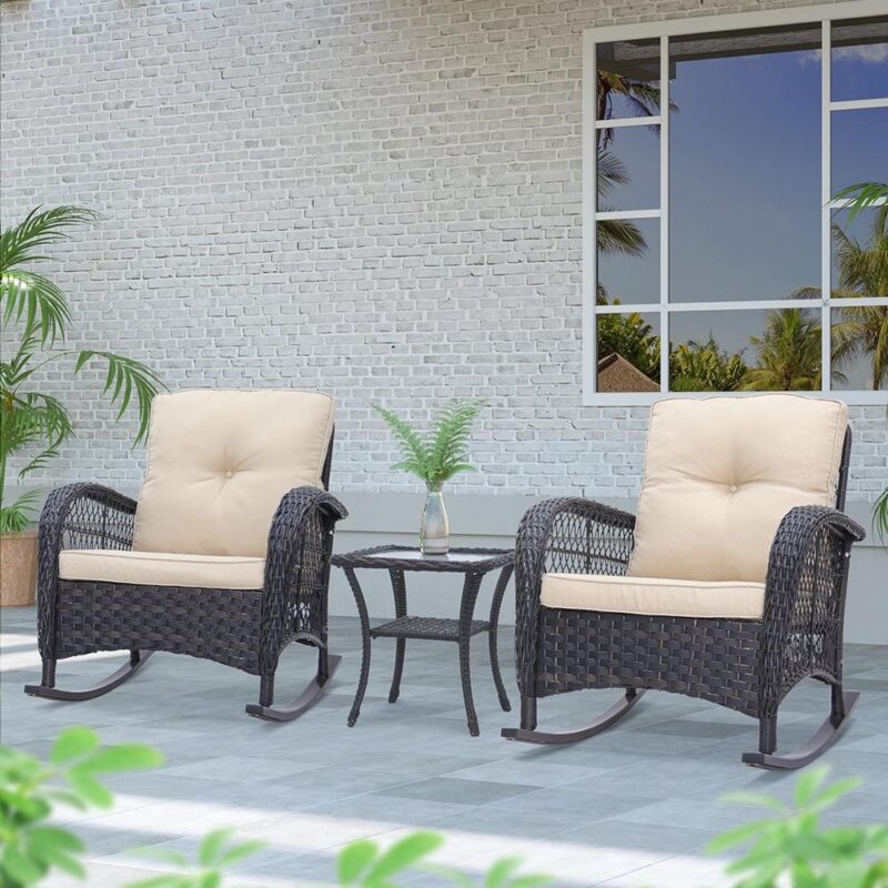Abble 3-Piece Outdoor Furniture Set, Patio Outdoor Conversation Set with Coffee Table, PE Wicker Rocking Chairs with Beige Cushions, Dark Brown - Image 3