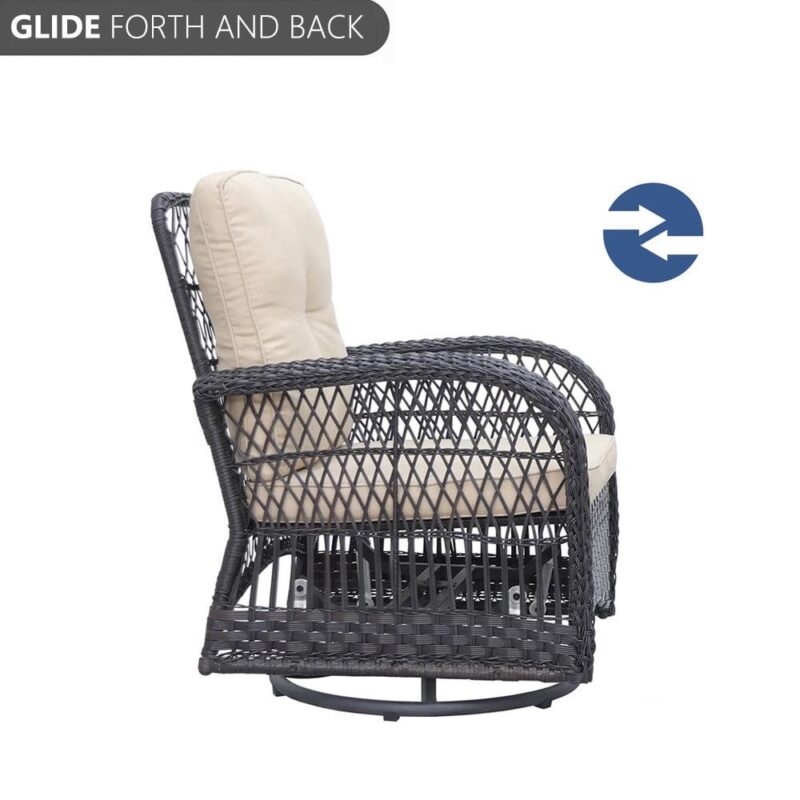 Abble 3 Pieces Patio Furniture Set, Swivel Rocking Outdoor Patio Conversation Set Wicker Rattan Seating Group Set with Beige Cushions, Dark Brown - Image 5
