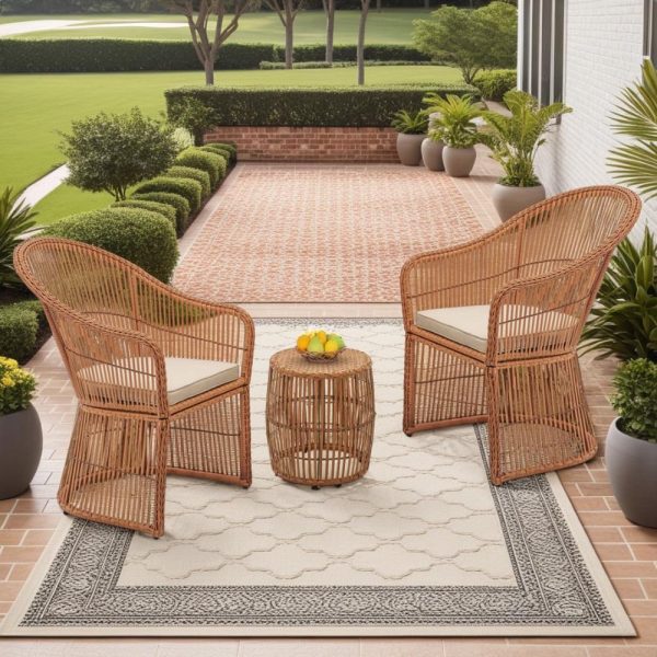 Abble 3 Pieces Patio Furniture Set Outdoor Patio Conversation Set Wicker Rattan 2-Person Seating Group Set with Coffee Table and Beige Cushions,- Natural