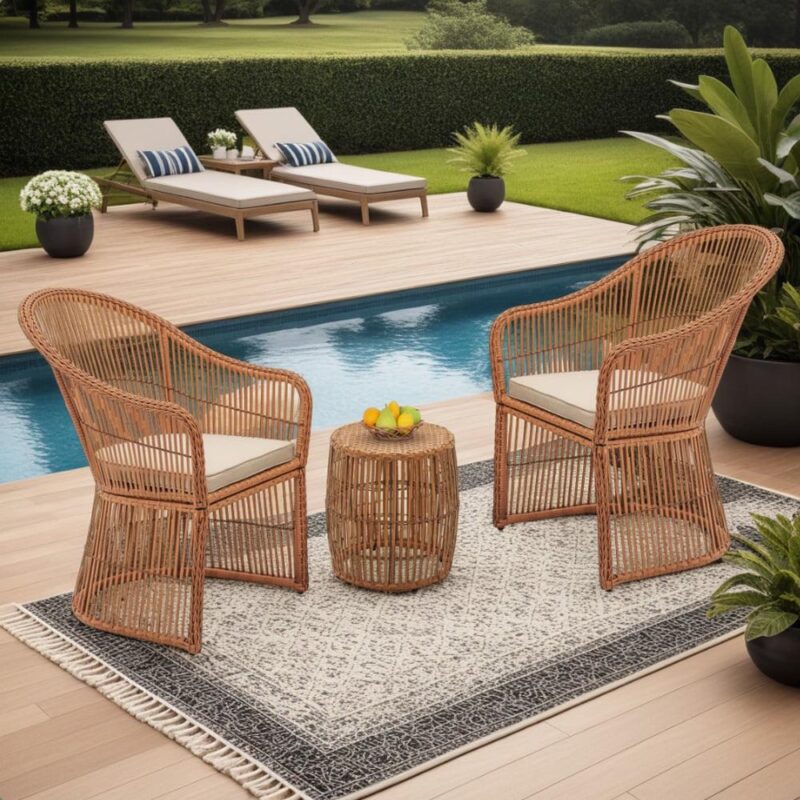 Abble 3 Pieces Patio Furniture Set Outdoor Patio Conversation Set Wicker Rattan 2-Person Seating Group Set with Coffee Table and Beige Cushions,- Natural - Image 3