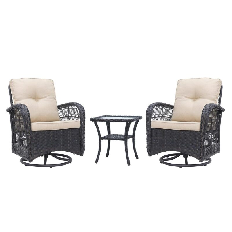 Abble 3 Pieces Patio Furniture Set, Swivel Rocking Outdoor Patio Conversation Set Wicker Rattan Seating Group Set with Beige Cushions, Dark Brown - Image 3
