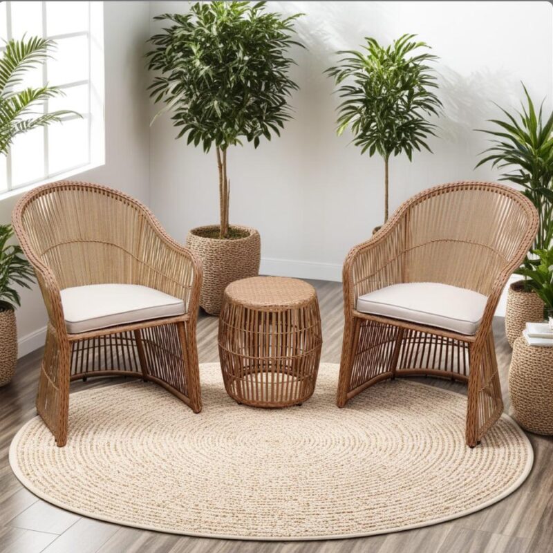 Abble 3 Pieces Patio Furniture Set Outdoor Patio Conversation Set Wicker Rattan 2-Person Seating Group Set with Coffee Table and Beige Cushions,- Natural - Image 4