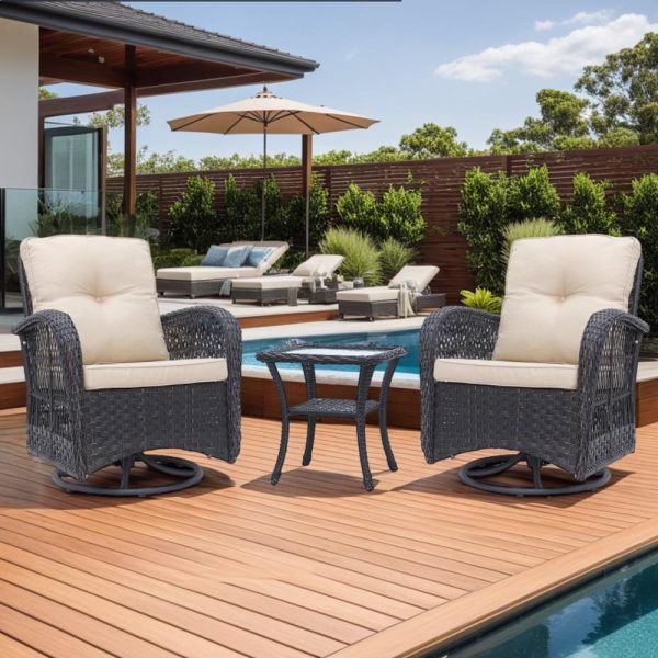 Abble 3 Pieces Patio Furniture Set, Swivel Rocking Outdoor Patio Conversation Set Wicker Rattan Seating Group Set with Beige Cushions, Dark Brown