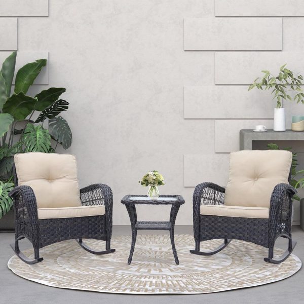 Abble 3pcs Patio Furniture Set Outdoor Wicker Rocking Conversation Set -Dark Brown