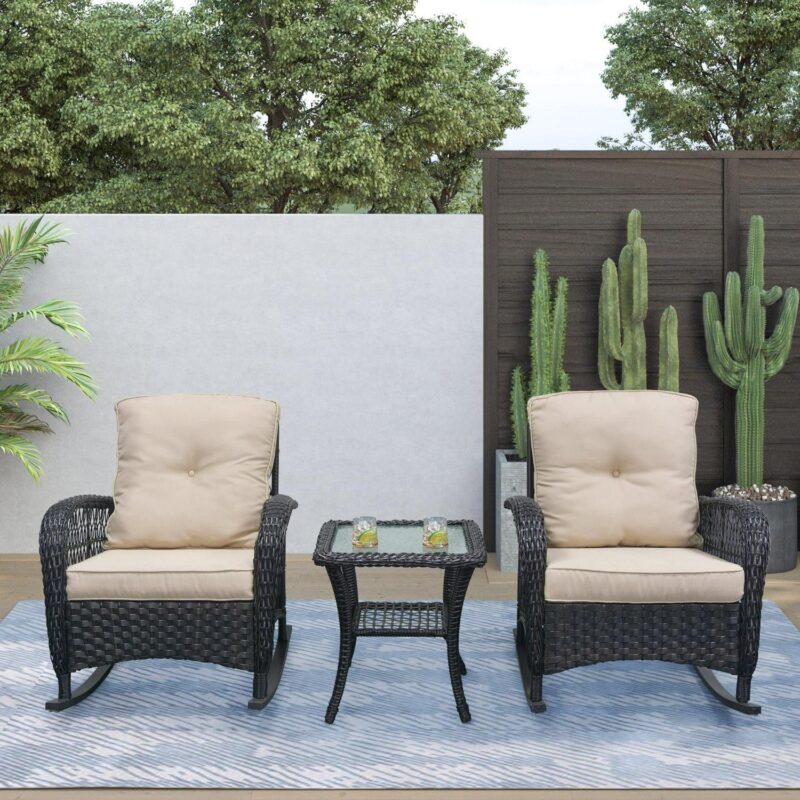 Abble 3pcs Patio Furniture Set Outdoor Wicker Rocking Conversation Set -Dark Brown - Image 3