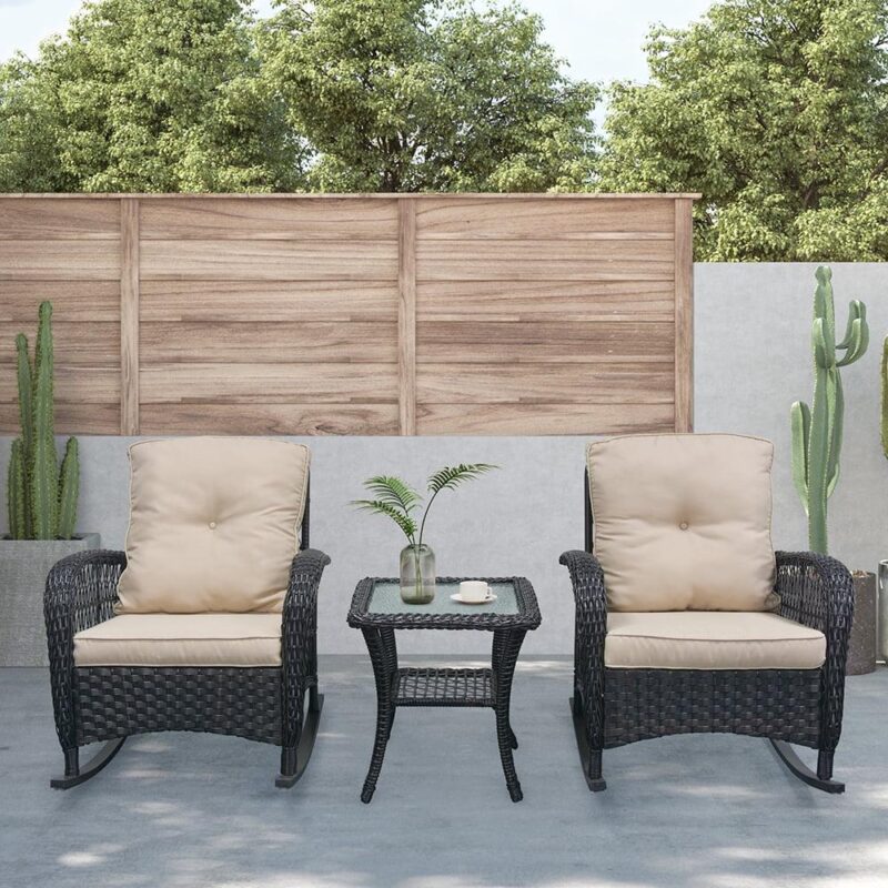 Abble 3pcs Patio Furniture Set Outdoor Wicker Rocking Conversation Set -Dark Brown - Image 2