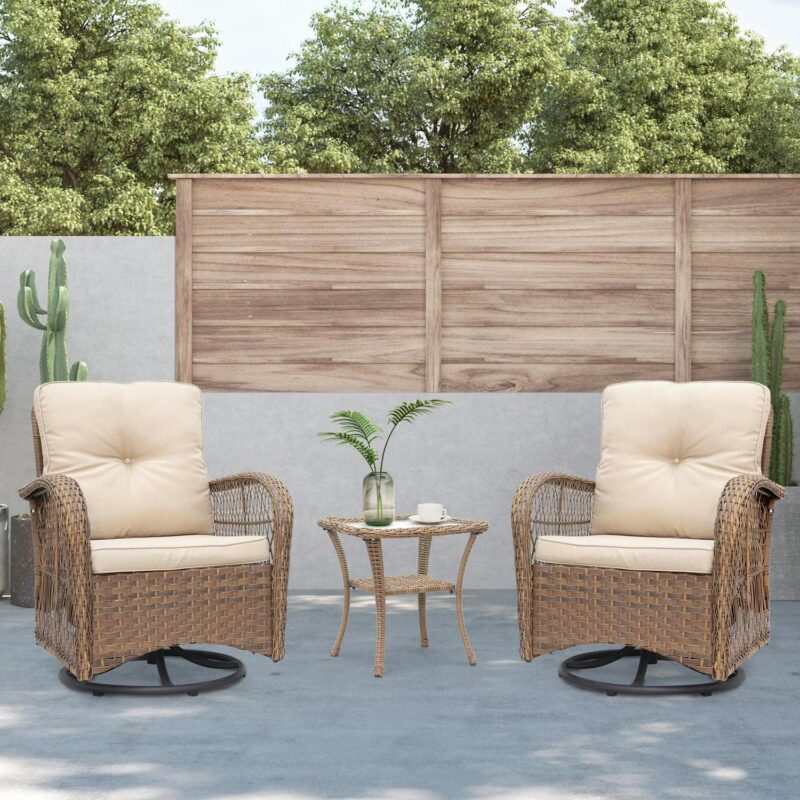 Abble Patio Swivel Conversation 3 Piece Outdoor Wicker Seating Group Set with Cushions -Light Brown - Image 3