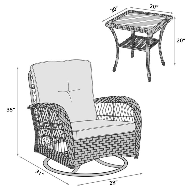 Abble Patio Swivel Conversation 3 Piece Outdoor Wicker Seating Group Set with Cushions -Light Brown - Image 6