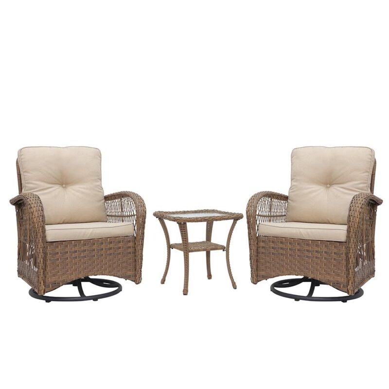 Abble Patio Swivel Conversation 3 Piece Outdoor Wicker Seating Group Set with Cushions -Light Brown - Image 4