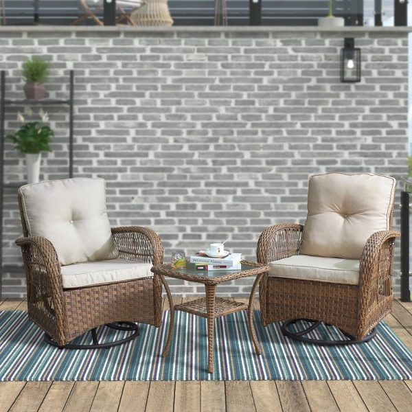 Abble Patio Swivel Conversation 3 Piece Outdoor Wicker Seating Group Set with Cushions -Light Brown