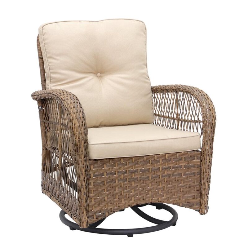 Abble Patio Swivel Conversation 3 Piece Outdoor Wicker Seating Group Set with Cushions -Light Brown - Image 5