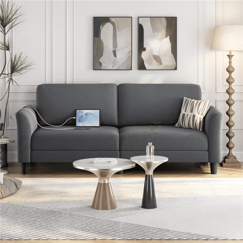 Alden Design 2-Seater 67 W Upholstered Sofa with USB Charging Ports for Living Room, Dark Gray - Image 2