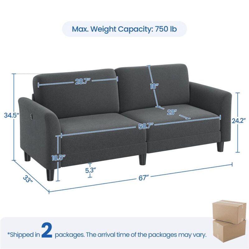 Alden Design 2-Seater 67 W Upholstered Sofa with USB Charging Ports for Living Room, Dark Gray - Image 5
