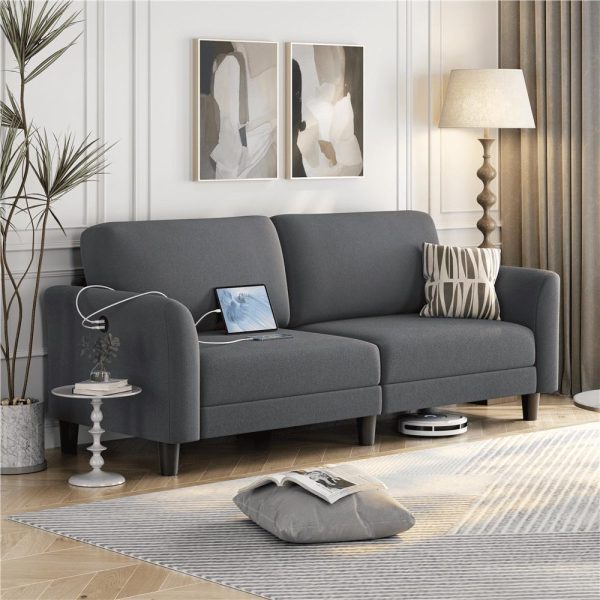 Alden Design 2-Seater 67 W Upholstered Sofa with USB Charging Ports for Living Room, Dark Gray