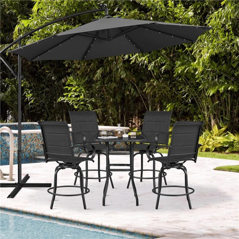 Alden Design 2pcs Outdoor Swivel Texteline Bar Stools Foam-padded for Garden, Black - Image 6