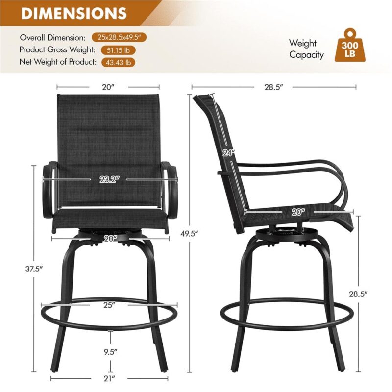 Alden Design 2pcs Outdoor Swivel Texteline Bar Stools Foam-padded for Garden, Black - Image 8