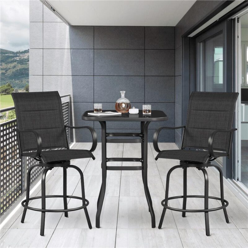 Alden Design 2pcs Outdoor Swivel Texteline Bar Stools Foam-padded for Garden, Black - Image 4