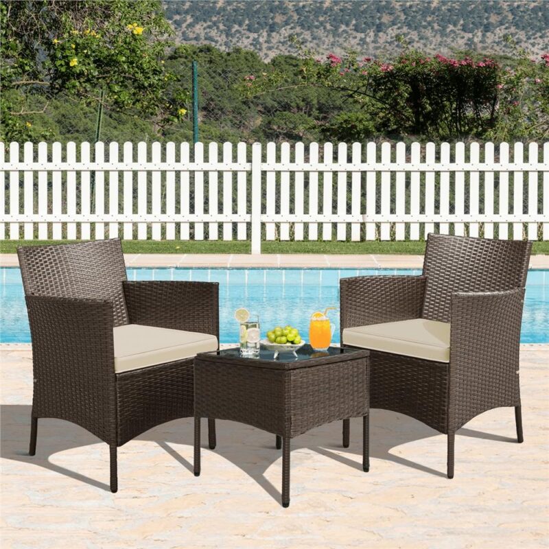 Alden Design 3 Pieces Patio Suit Rattan PE Wicker Chairs and Table for Bistro Backyard Porch Outdoor Garden, Brown - Image 3