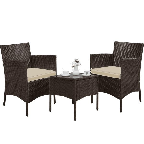 Alden Design 3 Pieces Patio Suit Rattan PE Wicker Chairs and Table for Bistro Backyard Porch Outdoor Garden, Brown